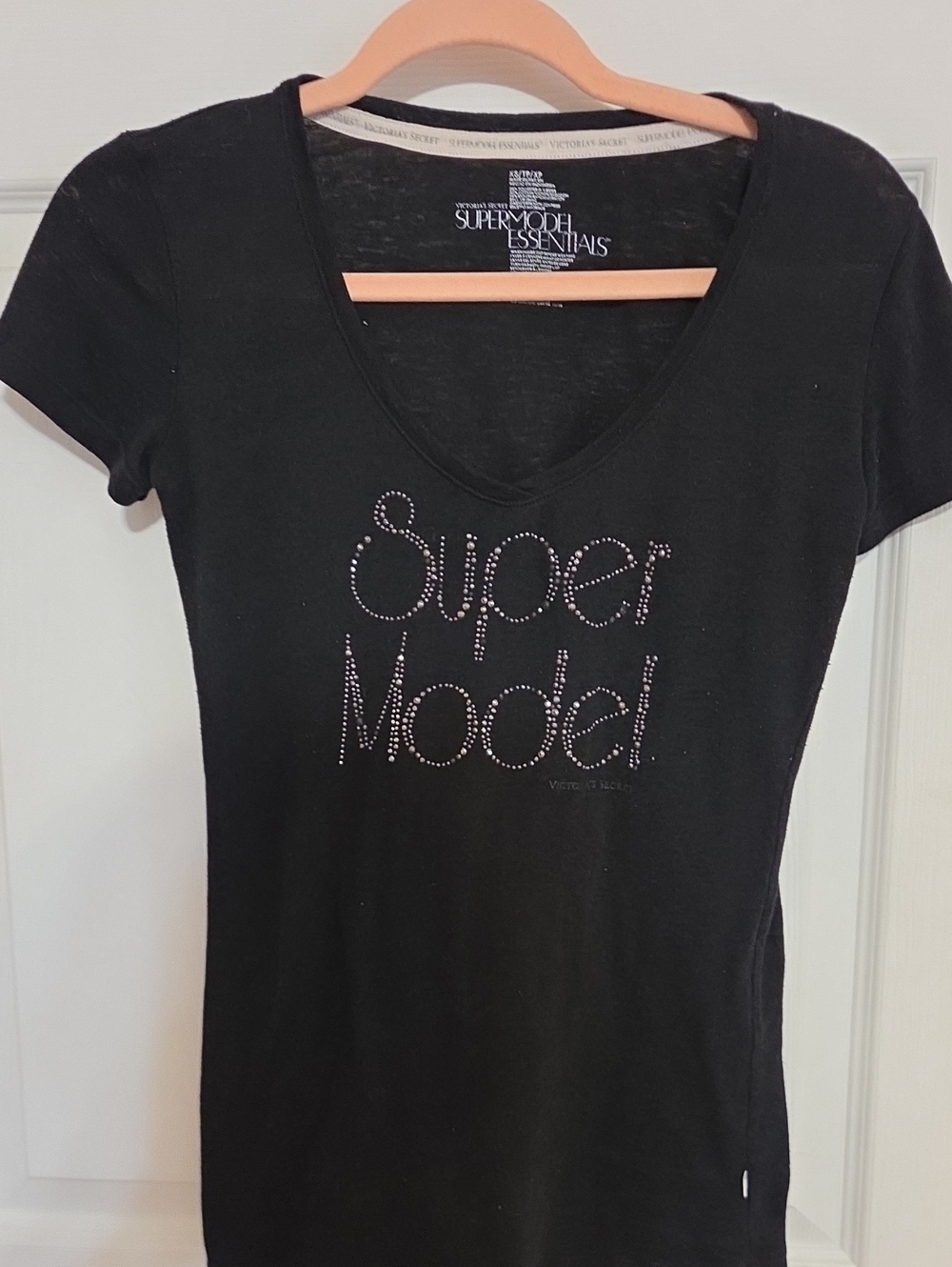 Victoria's Secret Black V-Neck 'Super Model' Rhinestone Tee Vintage Y2K BLING XS
